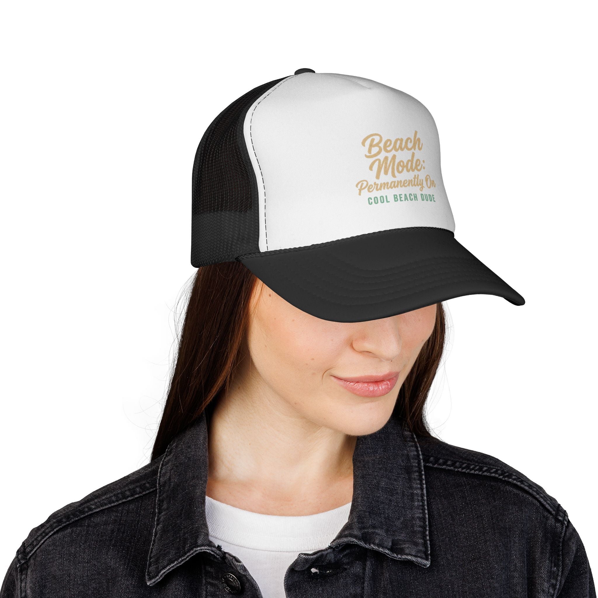 Beach Mode Trucker Cap — "Beach Mode: Powered By Cool Beach Vibes" Mesh Hat